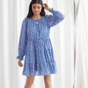 & Other Stories Size S Blue Voluminous Twill Mini Dress Floral Print